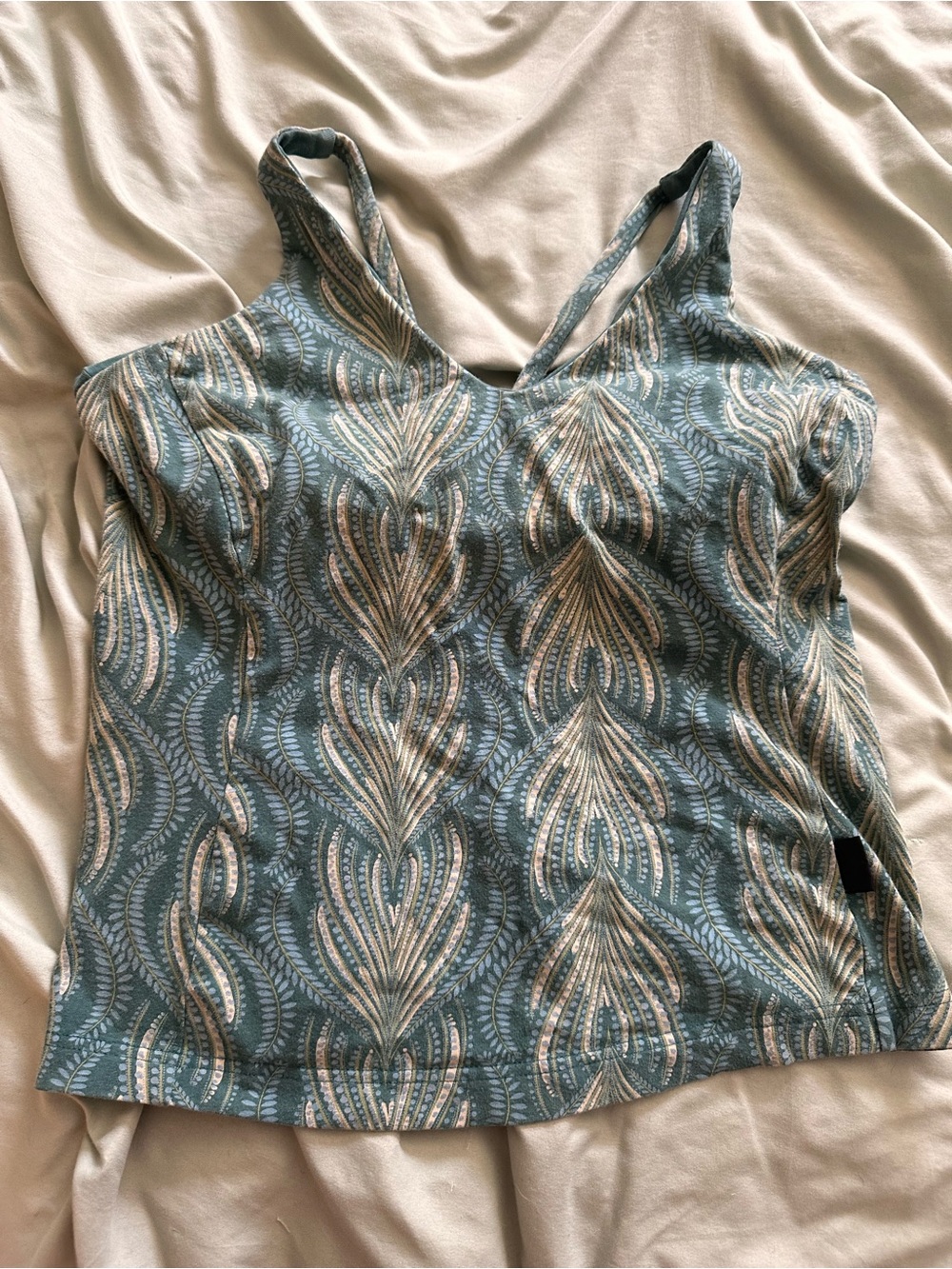 Patagonia Blue and Cream Patterned V-Neck Tank Top with Built in Bra